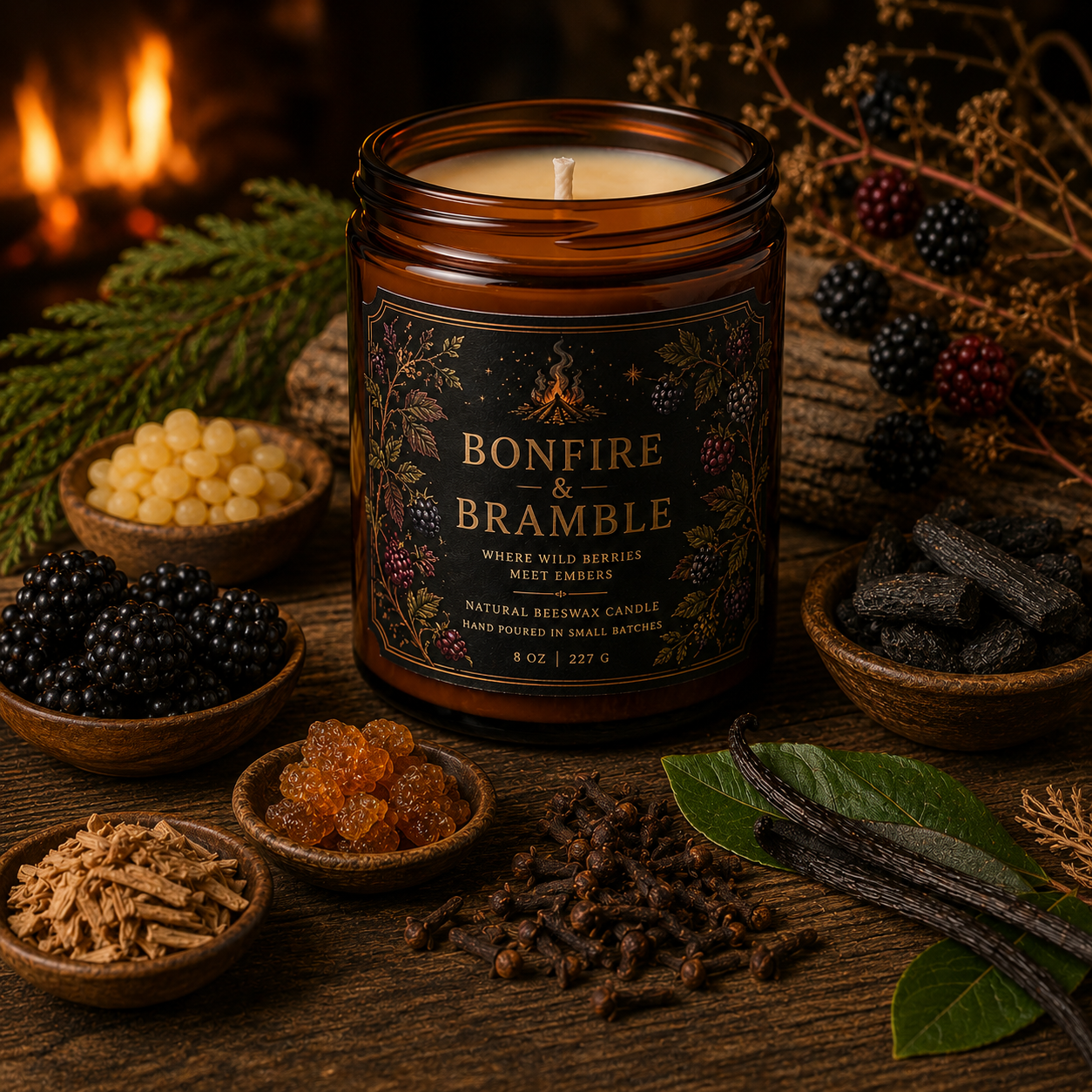 Bonfire & Bramble Beeswax Candle | Where Wild Berries Meet Embers