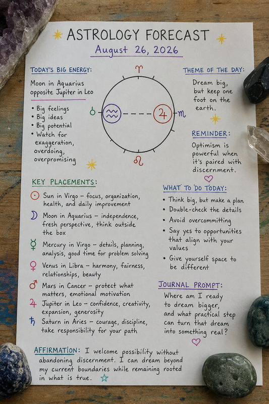 Daily Astrology Forecast: August 26, 2026 | Aquarius Moon Opposite Jupiter: Dream Big, but Keep One Foot on the Earth