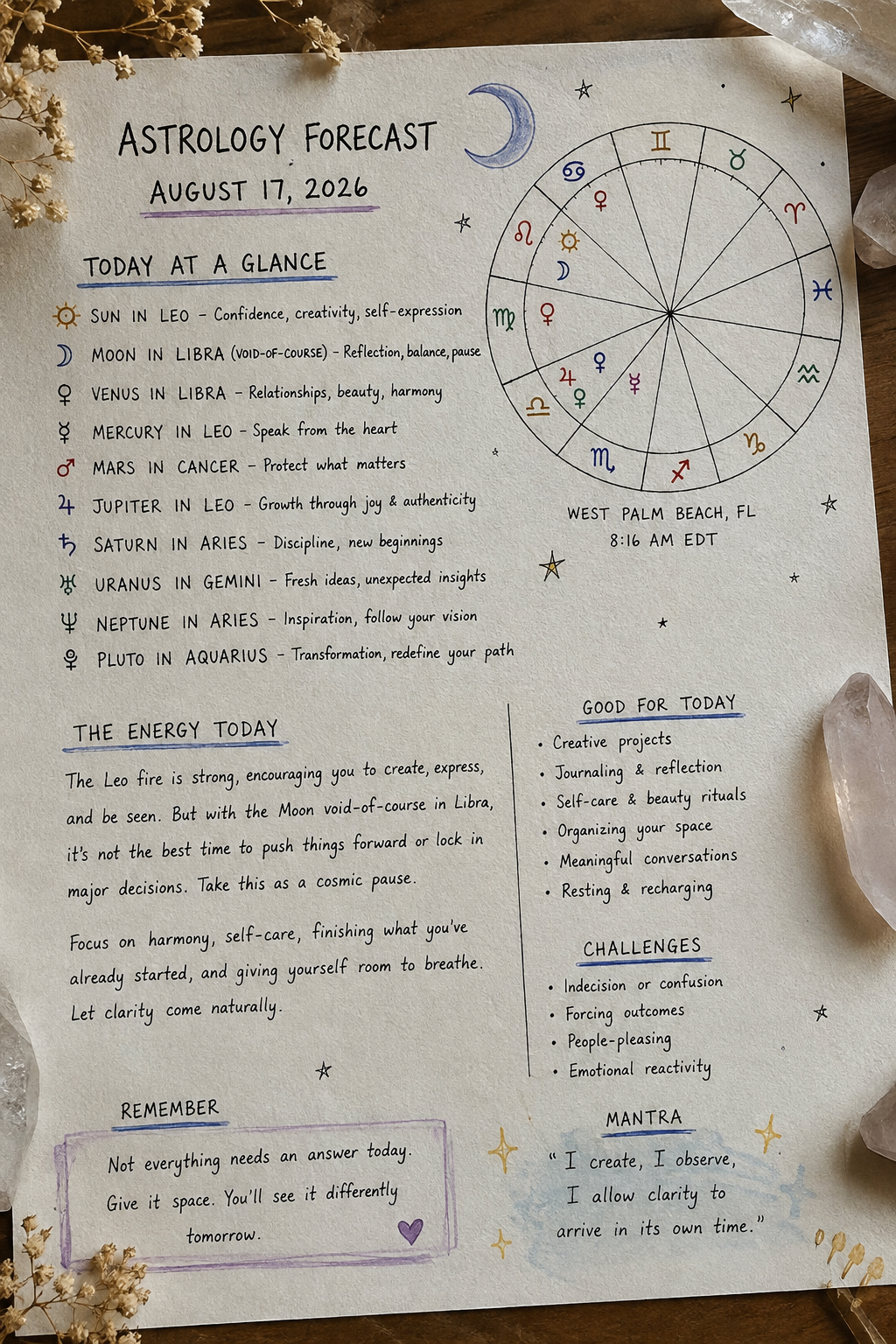 Daily Astrology Forecast for August 17, 2026  A Void-of-Course Libra Moon, Leo Fire & a Day for Recalibration