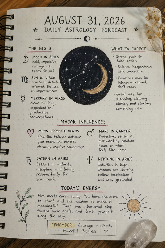 Daily Astrology Forecast: August 31, 2026 | Aries Moon Sparks Courage, While Virgo Season Asks Us to Choose Our Next Move Carefully