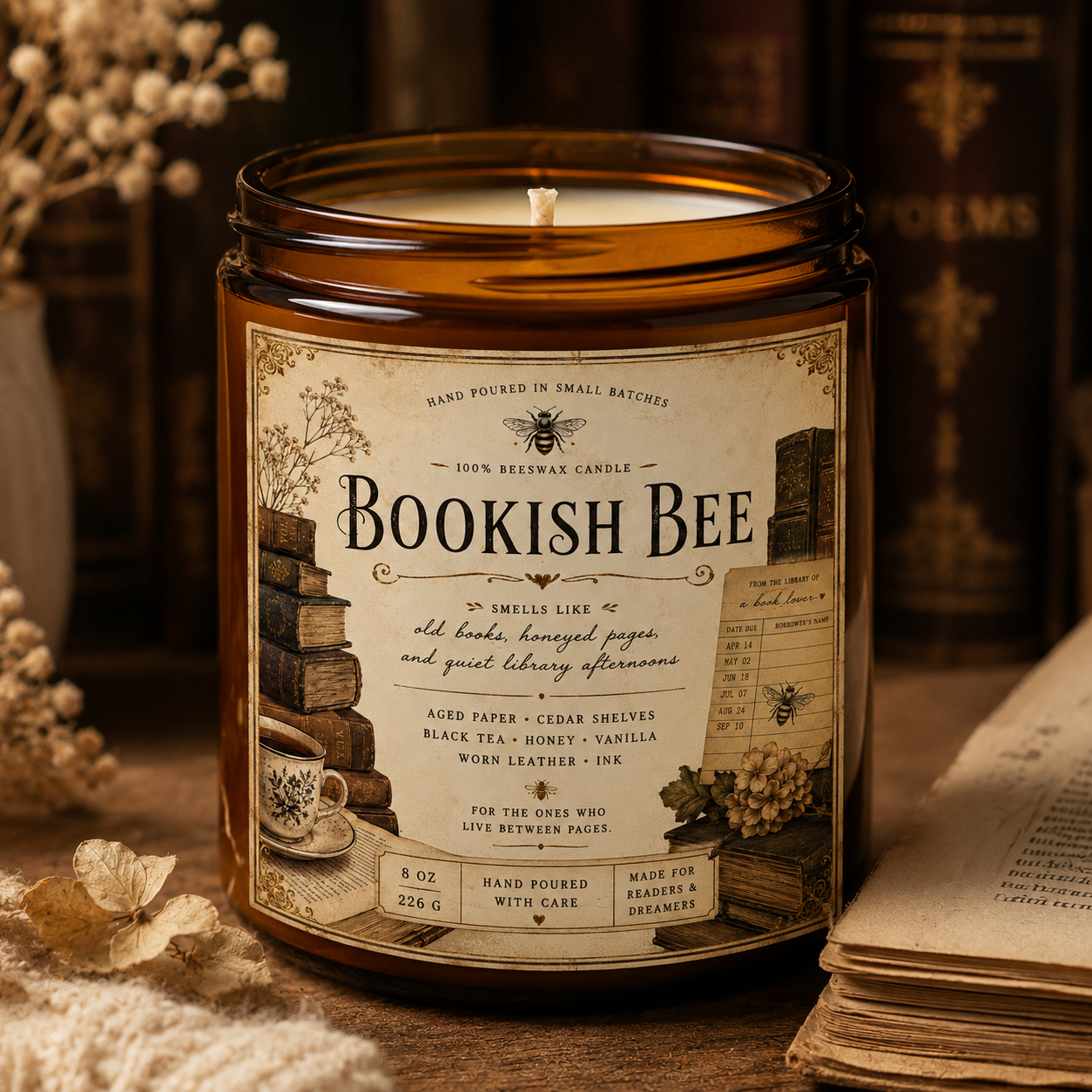 Bookish Bee Beeswax Candle