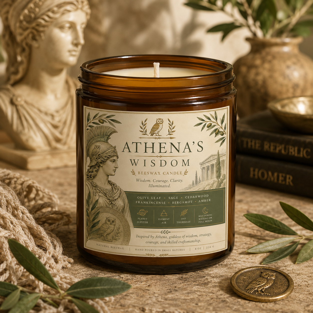 Athena’s Wisdom Beeswax Candle