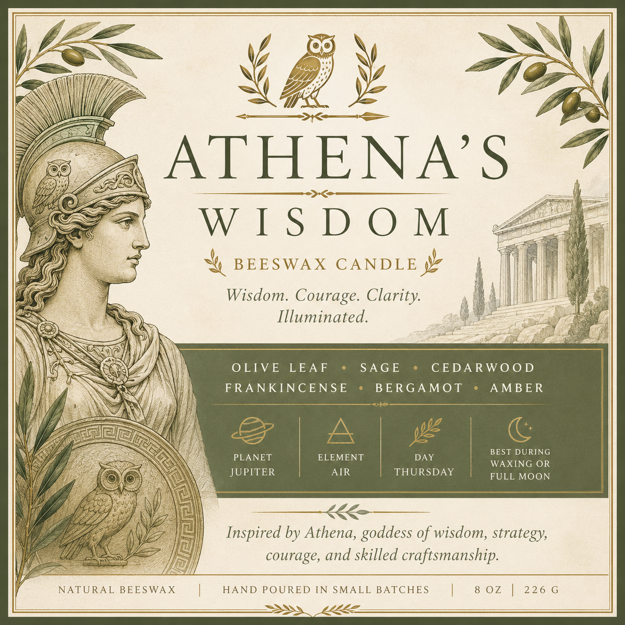 Athena’s Wisdom Beeswax Candle