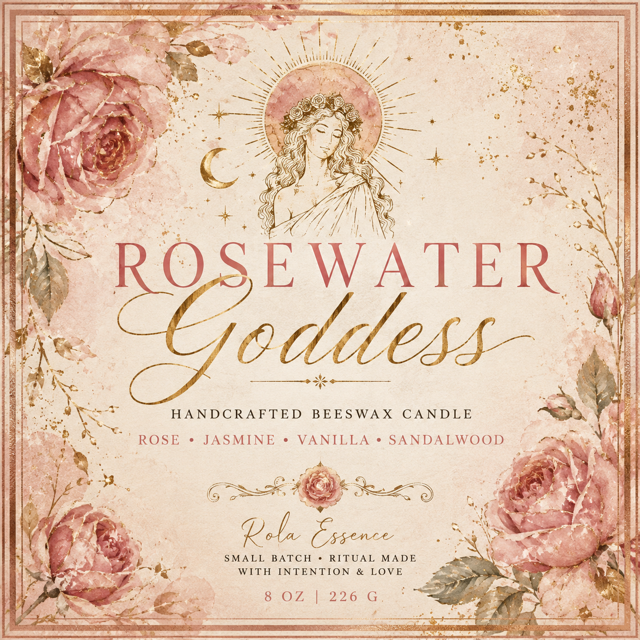 Rosewater Goddess Candle | Bathed in Roses, Kissed in Gold
