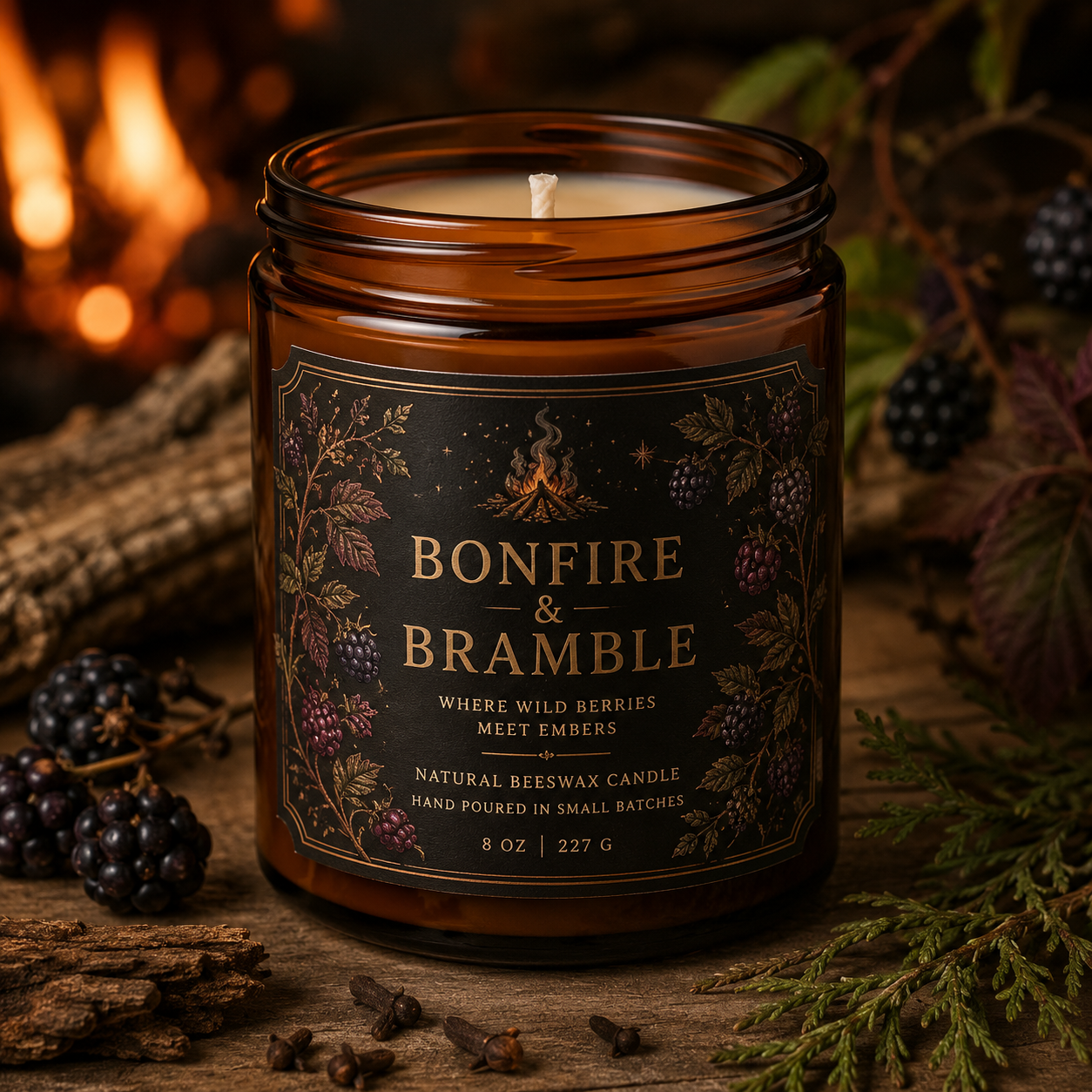 Bonfire & Bramble Beeswax Candle | Where Wild Berries Meet Embers
