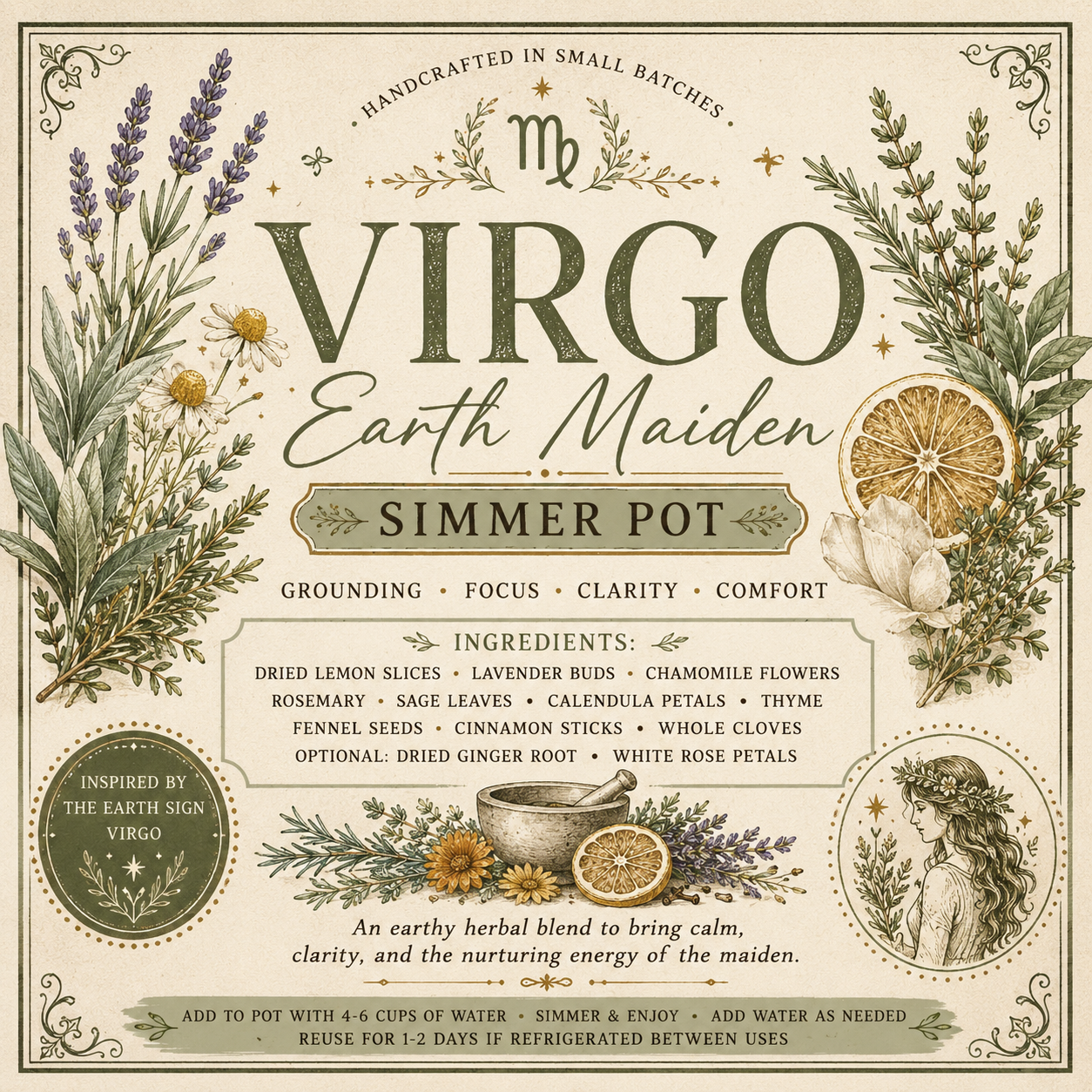 Virgo Earth Maiden Simmer Pot – Herbal Clarity & Earthy Calm